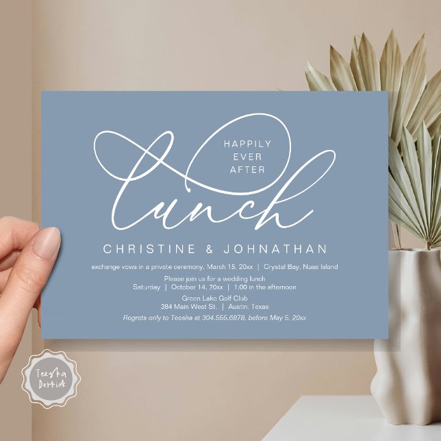 Glücklicherweise immer nach dem Mittagessen, Hochz Einladung (Happily Ever After Lunch, Wedding Elopement Invitation Card, PDF, Classy Script, in Dusty Blue)