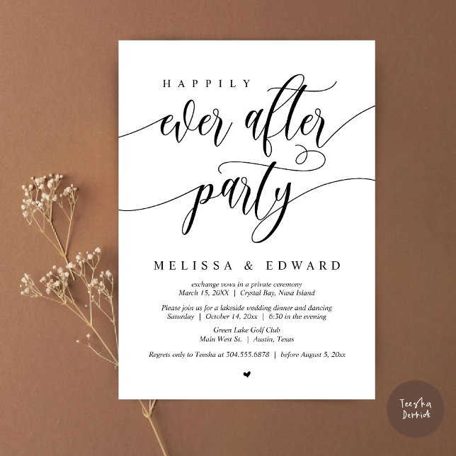 Glücklicherweise immer nach dem Party Abendessen Einladung (Happily Ever After Elopement Party Invitation Card, PDF, Modern Wedding Dinner, in Black and White)