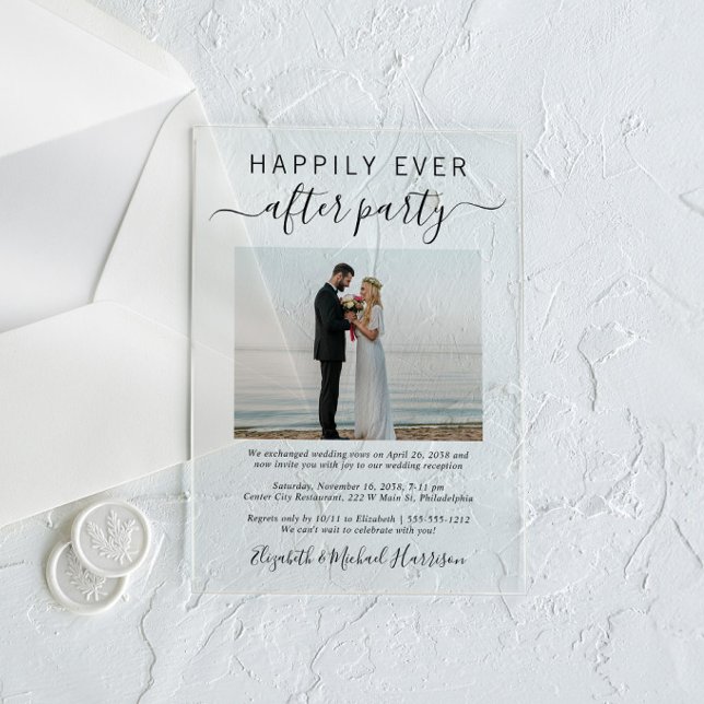 Glücklicherweise immer nach dem Party Foto Hochzei Acryleinladungen (Celebrate your Happily Ever After in style with our elegant acrylic wedding reception invitations)