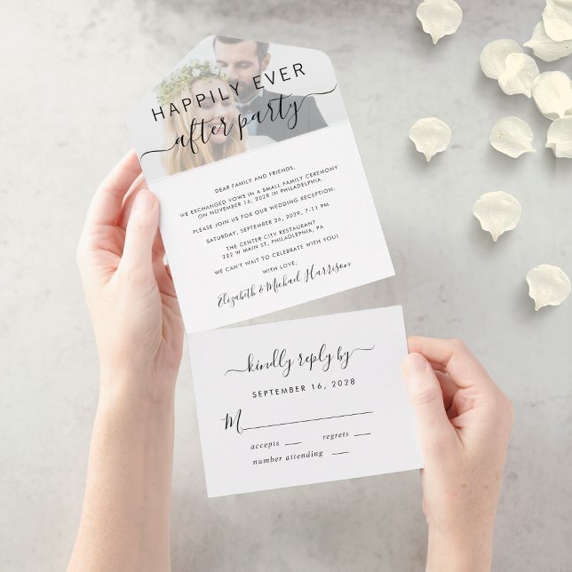 Glücklicherweise immer nach dem Party Foto Hochzei All In One Einladung (An chic Happily Ever After Party all-in-one invitation for your wedding celebration)