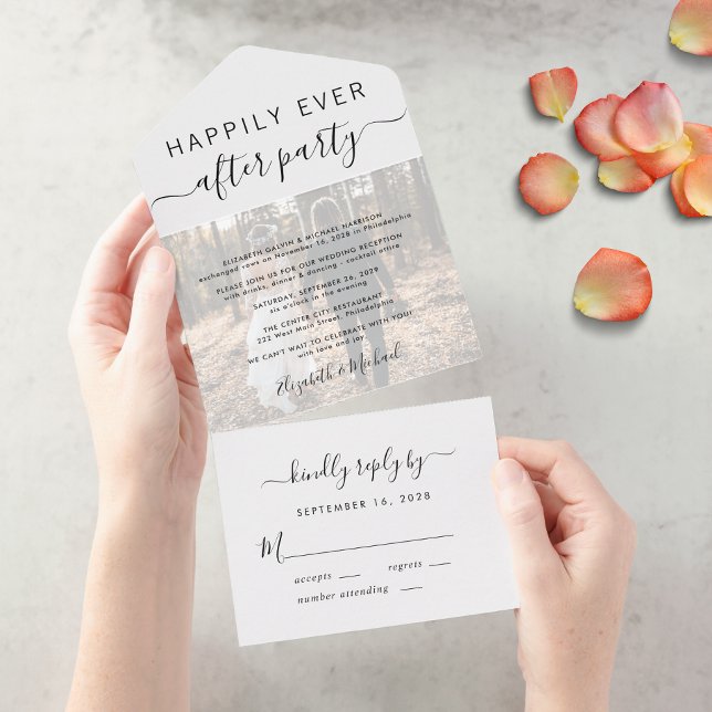Glücklicherweise immer nach dem Party Foto Hochzei All In One Einladung (An chic Happily Ever After Party all-in-one invitation for your wedding celebration)