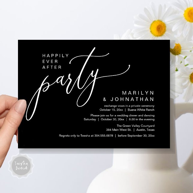 Glücklicherweise immer nach dem Party Hochzeit Emp Einladung (Happily Ever After Party Modern Romantic Wedding Reception Dinner Invitation Card PDF Classy Black)