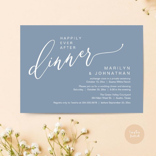 Glücklicherweise immer nach dem Party Hochzeit Emp Einladung (Happily Ever After Party Modern Romantic Wedding Reception Dinner Invitation Card PDF Dusty Blue)