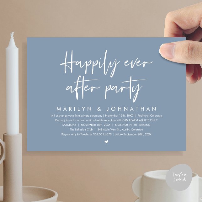Glücklicherweise immer nach dem Party, Hochzeitsem Einladung (Happily Ever After Party, Modern Wedding Reception Invitation Card, PDF, Cash Bar in Dusty Blue)