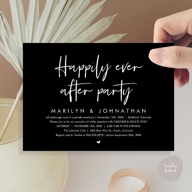 Glücklicherweise immer nach dem Party, Hochzeitsem Einladung (Happily Ever After Party, Modern Wedding Reception Invitation Card, PDF, Cash Bar in Classy Black)