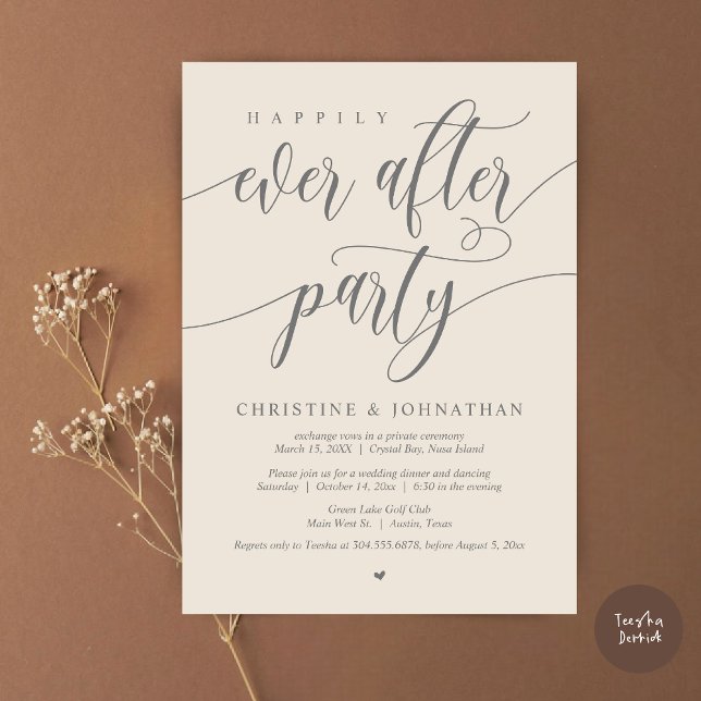 Glücklicherweise immer nach dem Party, Hochzeitses Einladung (Happily Ever After Party, Wedding Elopement Dinner Invitation Card, PDF, in Dark Grey and Cream)