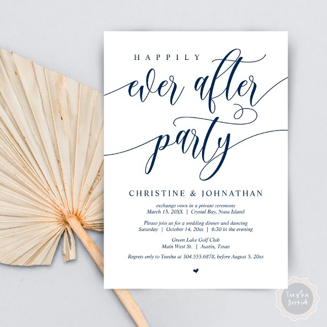 Glücklicherweise immer nach dem Party, Hochzeitses Einladung (Happily Ever After Party, Wedding Elopement Dinner Invitation Card, PDF, in Navy Blue)