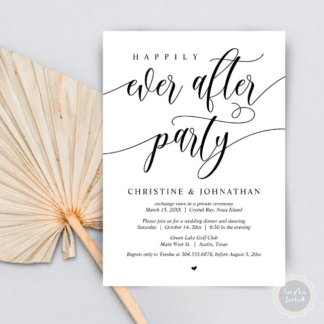 Glücklicherweise immer nach dem Party, Hochzeitses Einladung (Happily Ever After Party, Wedding Elopement Dinner Invitation Card, PDF, in Black and White)