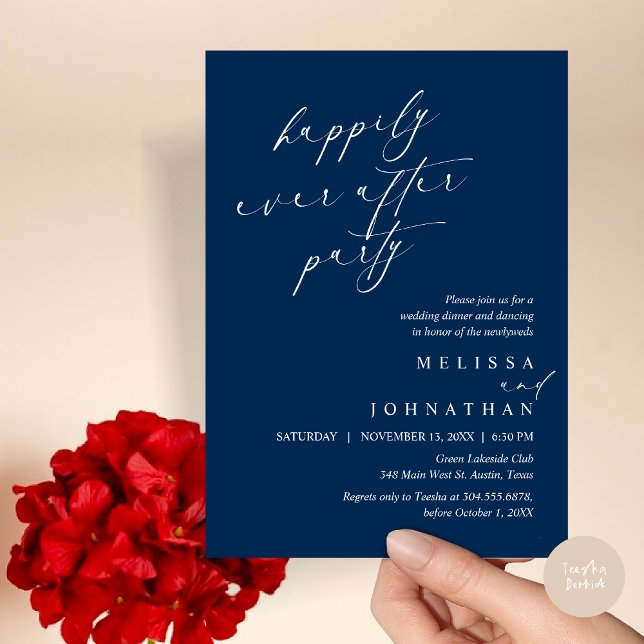 Glücklicherweise immer nach dem Party, Hochzeitses Einladung (Happily Ever After Party, Wedding Elopement Dinner Invitation Card, PDF, in Navy Blue)