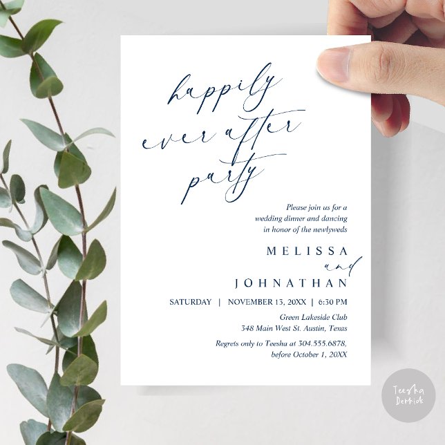 Glücklicherweise immer nach dem Party, Hochzeitses Einladung (Happily Ever After Party, Wedding Elopement Dinner Invitation Card, PDF, in Navy Blue)