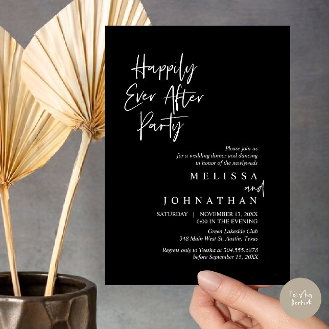 Glücklicherweise immer nach dem Party, Hochzeitses Einladung (Happily Ever after Party, Wedding Elopement Dinner Invitation Card, PDF, in Classy Black)