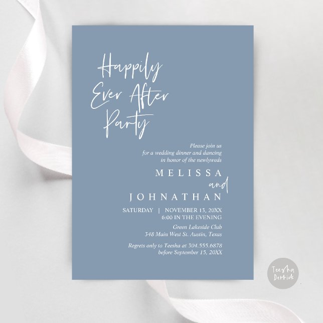 Glücklicherweise immer nach dem Party, Hochzeitses Einladung (Happily Ever after Party, Wedding Elopement Dinner Invitation Card, PDF, in Dusty Blue)