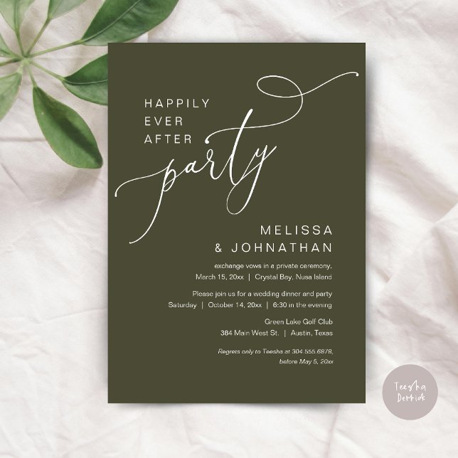 Glücklicherweise immer nach dem Party, Hochzeitses Einladung (Happily Ever After Party, Romantic Wedding Dinner and Dancing Invitation Card, PDF, in Olive Green)