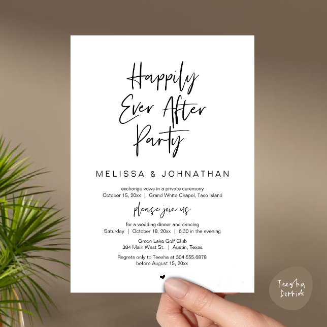 Glücklicherweise immer nach dem Party, Hochzeitses Einladung (Happily Ever After Party, Wedding Elopement Dinner Brunch Lunch Invitation Card, PDF, White Black)
