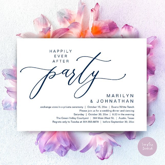 Glücklicherweise immer nach dem Party Hochzeitsess Einladung (Happily Ever After Party Wedding Elopement Romantic Dinner Brunch Invitation Card PDF Navy Blue)