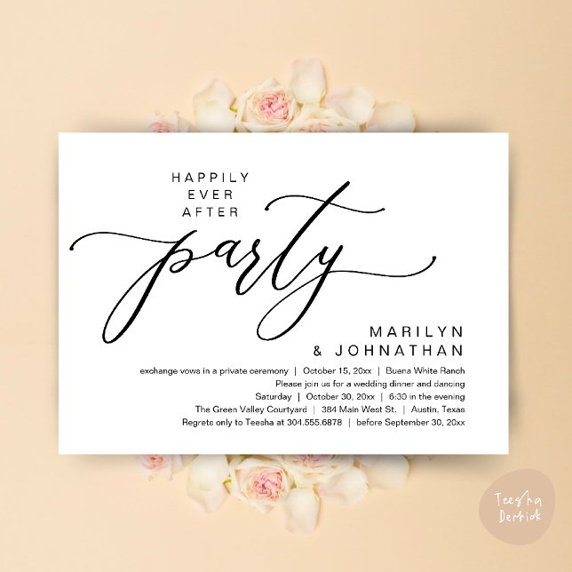 Glücklicherweise immer nach dem Party Hochzeitsess Einladung (Happily Ever After Party Wedding Elopement Romantic Dinner Brunch Invitation Card PDF White Black)