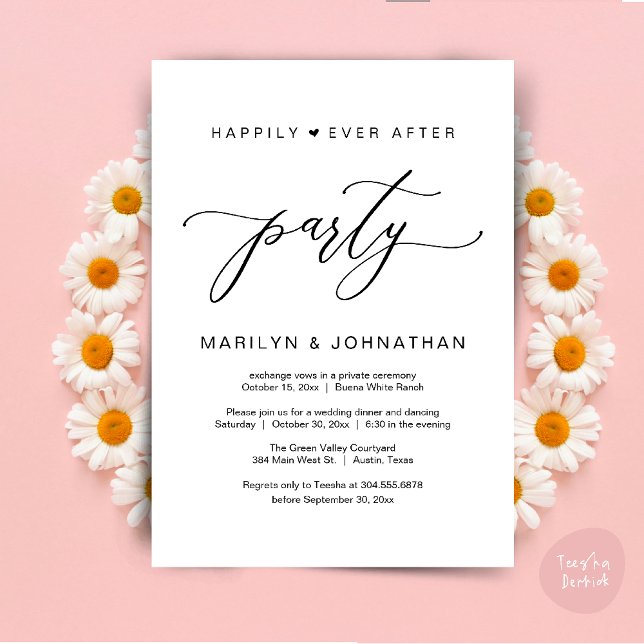 Glücklicherweise immer nach dem Party Hochzeitsess Einladung (Happily Ever After Party Wedding Elopement Romantic Dinner Brunch Invitation Card PDF White Black)