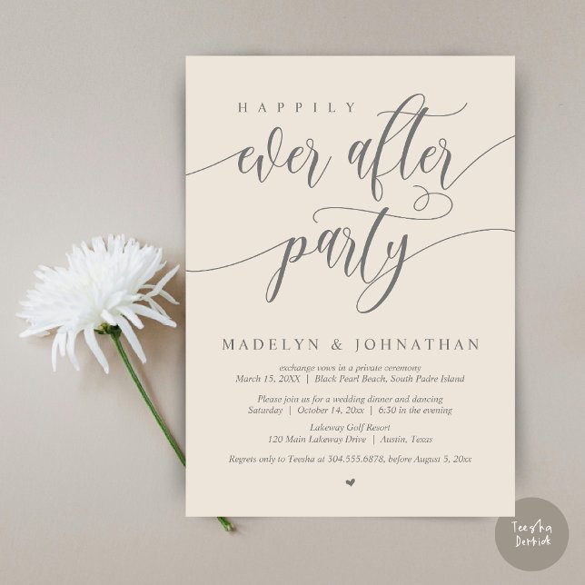 Glücklicherweise immer nach dem Party Hochzeitsess Einladung (Happily Ever After Party, Modern Calligraphy Wedding Dinner Invitation Card, PDF, in Cream Grey)