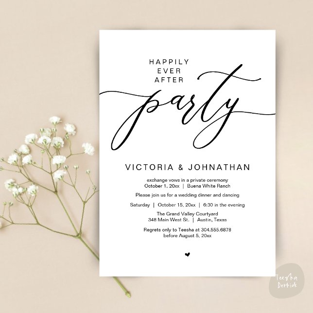 Glücklicherweise immer nach dem Party Hochzeitsess Einladung (Romantic Happily Ever After Party Modern Wedding Elopement Dinner Invitation Card PDF White Black)