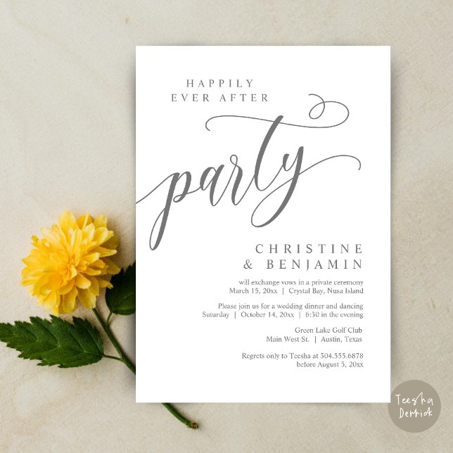 Glücklicherweise immer nach dem Party, Hochzeitsfe Einladung (Happily Ever After Party, Modern Romance Wedding Elopement Invitation Card, PDF, in dark grey)