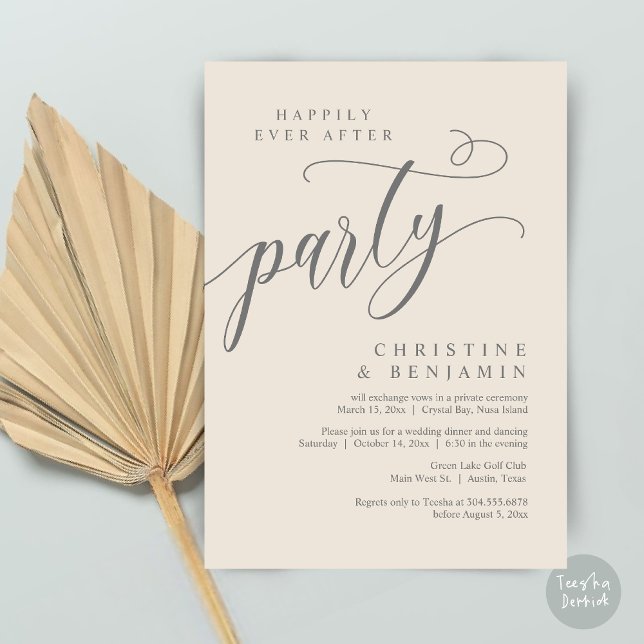 Glücklicherweise immer nach dem Party, Hochzeitsfe Einladung (Happily Ever After Party, Modern Romance Wedding Elopement Invitation Card, PDF, in Cream dark grey)