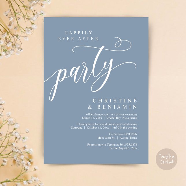 Glücklicherweise immer nach dem Party, Hochzeitsfe Einladung (Happily Ever After Party, Modern Romance Wedding Elopement Invitation Card, PDF, Dusty Blue)