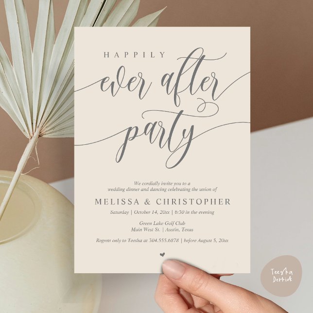 Glücklicherweise immer nach dem Party, Hochzeitsfe Einladung (Happily Ever After Party, Wedding Dinner and Dancing Invitation Card, PDF, in Dark Grey Cream)