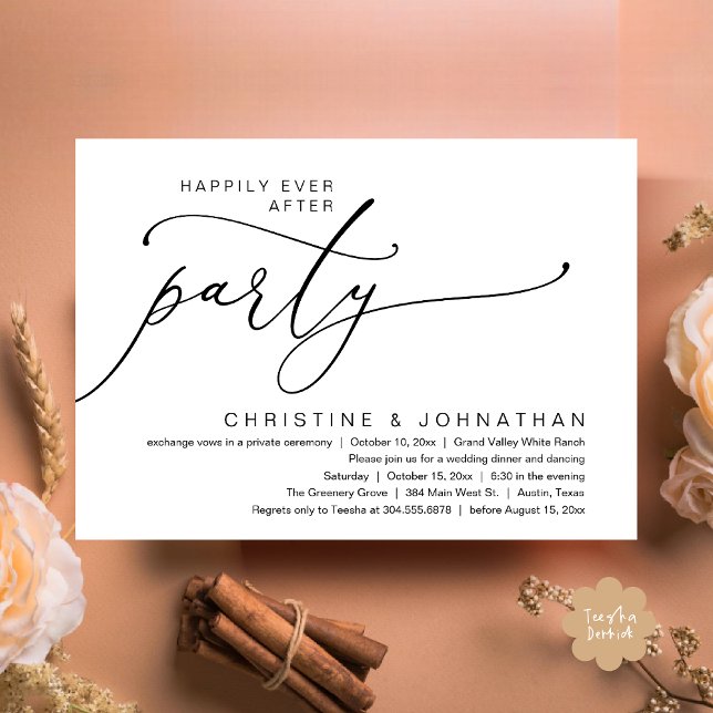 Glücklicherweise immer nach dem Party, Hochzeitsfe Einladung (Happily Ever After Party, Romantic Modern Elopement Dinner Dancing Invites Card PDF Black White)