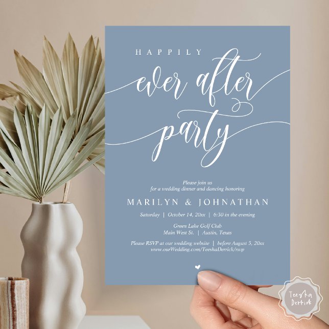 Glücklicherweise immer nach dem Party, Hochzeitsfe Einladung (Happily Ever After Party, Modern Minimalist Wedding Dinner Invitation Card, PDF, Dusty Blue)