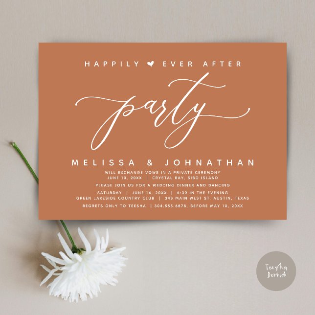 Glücklicherweise immer nach dem Party, Kupfer Hoch Einladung (Modern Romantic Wedding Elopement Happily Ever After Dinner Party Invitation Card, PDF, Copper)