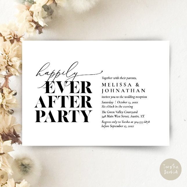 Glücklicherweise immer nach dem Party, moderne Hoc Einladung (Happily Ever After Party, Modern Wedding Reception Dinner Invitation Card pdf Black White)