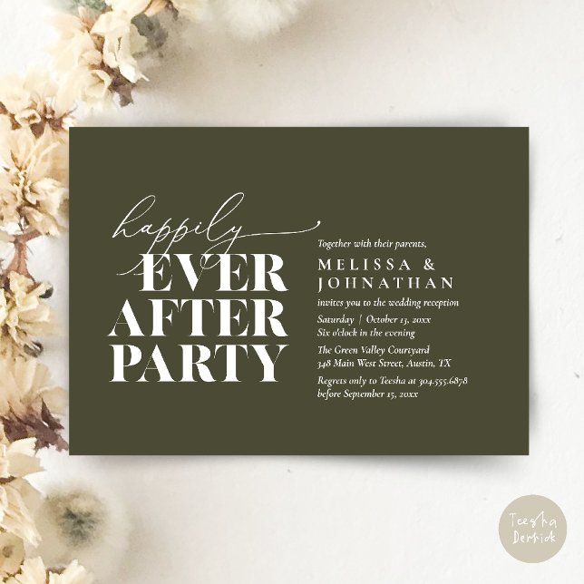Glücklicherweise immer nach dem Party, moderne Hoc Einladung (Happily Ever After Party, Modern Wedding Reception Dinner Invitation Card pdf Olive Green)