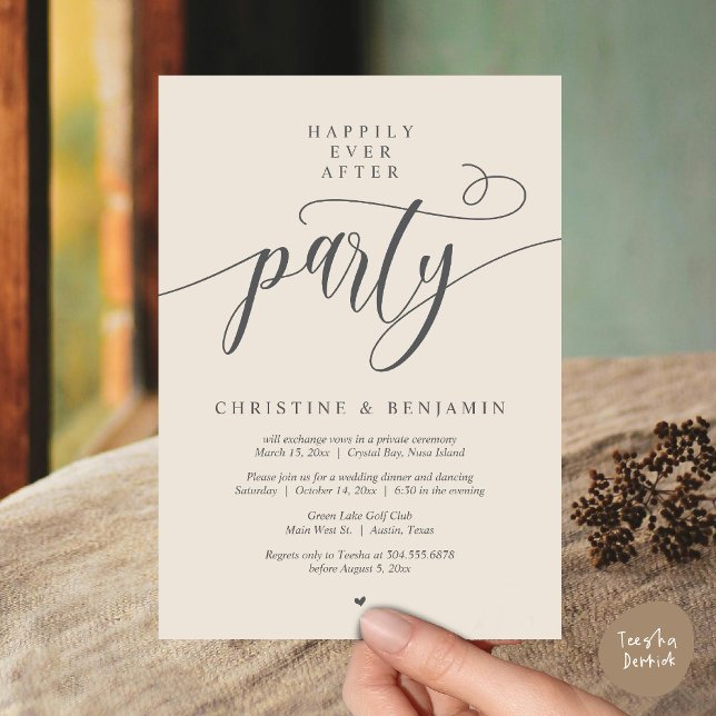 Glücklicherweise immer nach dem Party, moderne Sch Einladung (Happily Ever After Dinner Party, Modern Script Wedding Reception Invitation Card, PDF, Cream Grey)