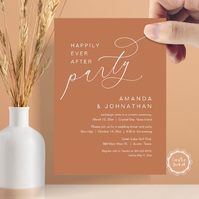 Glücklicherweise immer nach dem Party, romantische Einladung (Happily Ever After Party, Modern Romantic Wedding Dinner Invitation Card in Rustic Rust Orange)