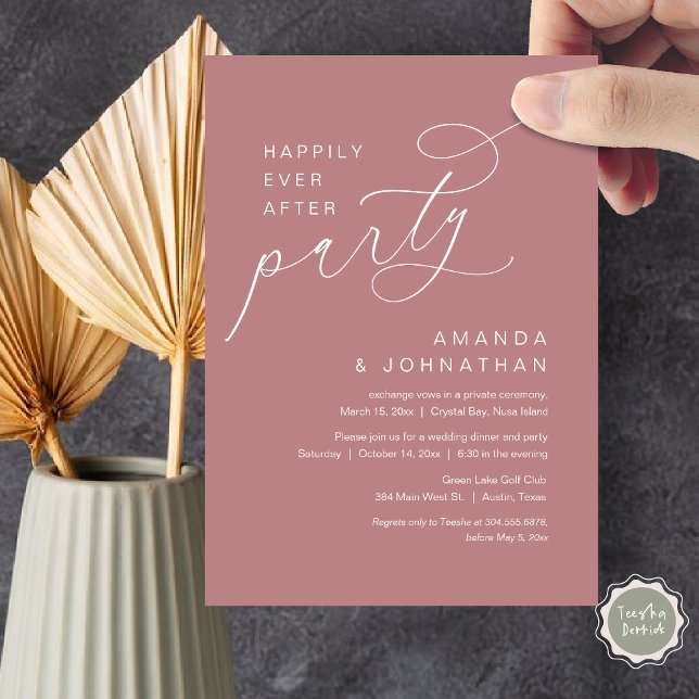 Glücklicherweise immer nach dem Party, romantische Einladung (Happily Ever After Party, Modern Romantic Wedding Dinner Invitation Card in Dusty rose pink)