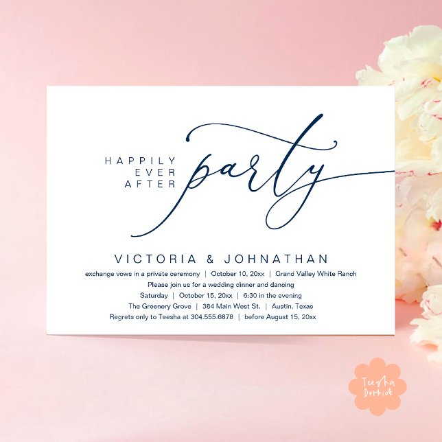 Glücklicherweise immer nach dem Party, romantische Einladung (Happily Ever After Party, Romantic Wedding Dinner Invitation Card PDF aesthetic Classy Navy Blue)