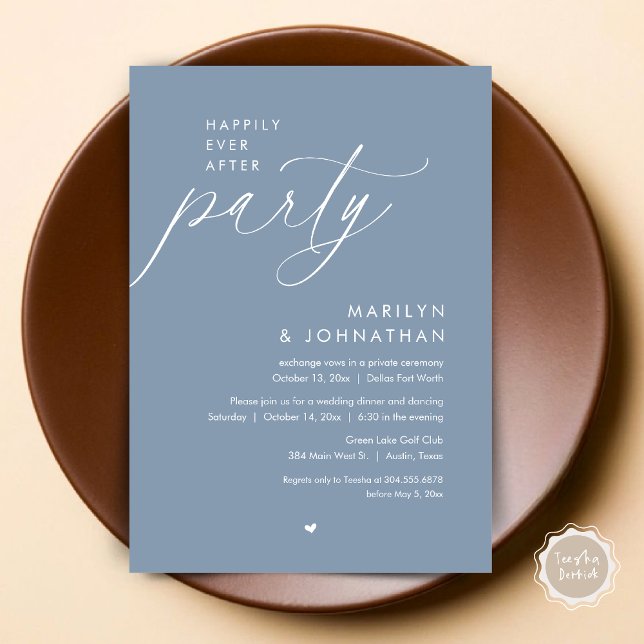 Glücklicherweise immer nach dem Party, romantische Einladung (Happily Ever After Party, Modern Romantic Wedding Dinner Invitation Card, PDF, in Dusty Blue)