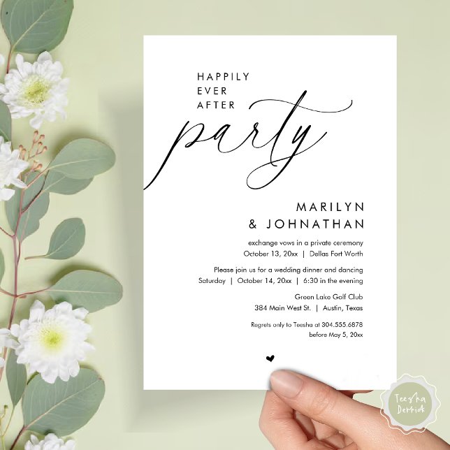 Glücklicherweise immer nach dem Party, romantische Einladung (Happily Ever After Party, Modern Romantic Wedding Dinner Invitation Card, PDF, in Black and White)