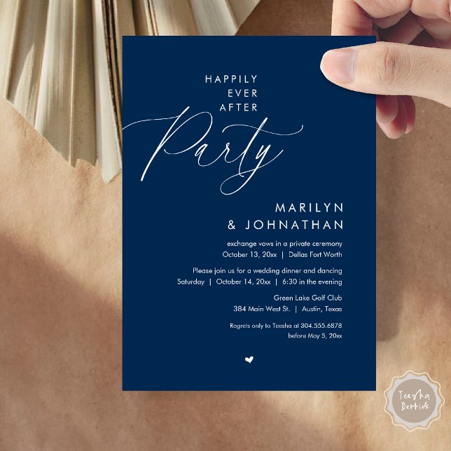 Glücklicherweise immer nach dem Party, romantische Einladung (Happily Ever After Party, Modern Romantic Wedding Dinner Invitation Card, PDF, in Navy Blue)