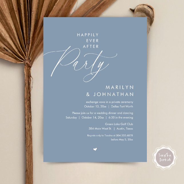 Glücklicherweise immer nach dem Party, romantische Einladung (Happily Ever After Party, Modern Romantic Wedding Dinner Invitation Card, PDF, in Dusty Blue)