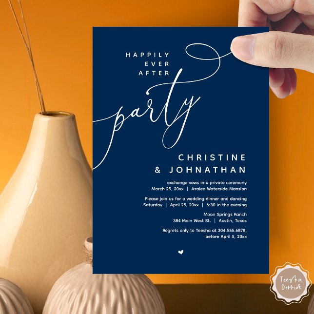 Glücklicherweise immer nach dem Party, romantische Einladung (Romantic Happily Ever After Party, Modern Wedding Dinner Invitation Card, PDF, Classy Navy Blue)