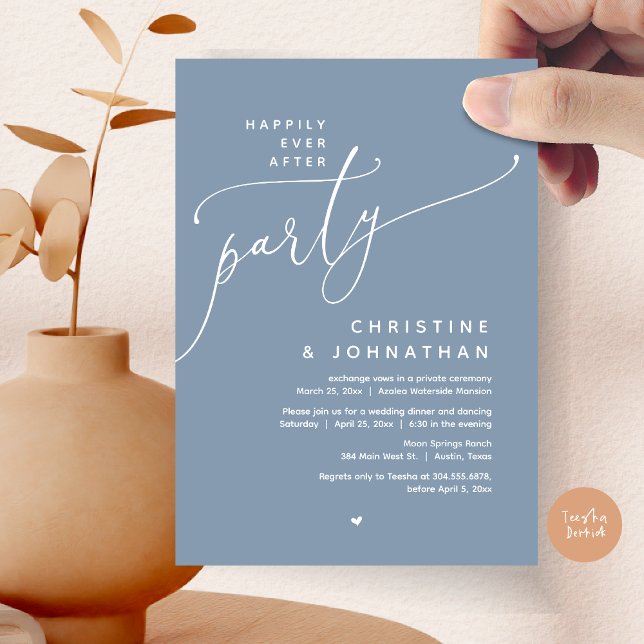 Glücklicherweise immer nach dem Party, romantische Einladung (Romantic Happily Ever After Party, Modern Wedding Dinner Invitation Card, PDF, Dusty Blue)