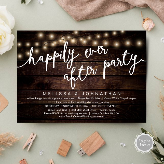 Glücklicherweise immer nach dem Party, rustikales  Einladung (Happily Ever After Party, Rustic Wedding Dinner Invitation Card, PDF, Cottage Brown Wood Graphic)