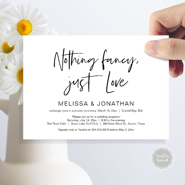 Glücklicherweise immer nach dem Party, schwarz, El Einladung (Nothing Fancy Just Love, Wedding Elopement Dinner Party Invitation Card, PDF, Modern, Black White)