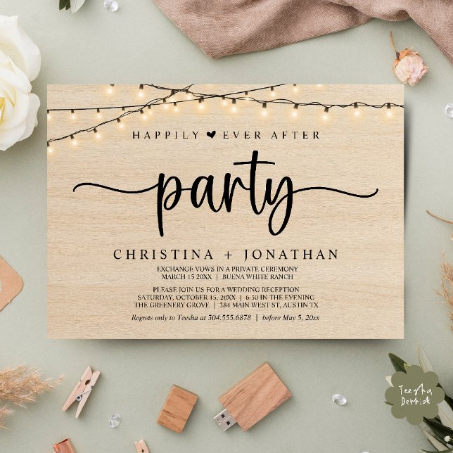 Glücklicherweise immer nach dem Party, String Ligh Einladung (Happily Ever After party, String Lights Wedding Invitation Card PDF Cottage Wood)