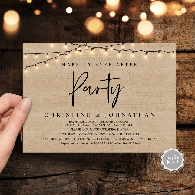 Glücklicherweise immer nach dem Party, String Ligh Einladung (Happily Ever After party, String Lights Brown Wood, Wedding Elopement Invitation Cards)