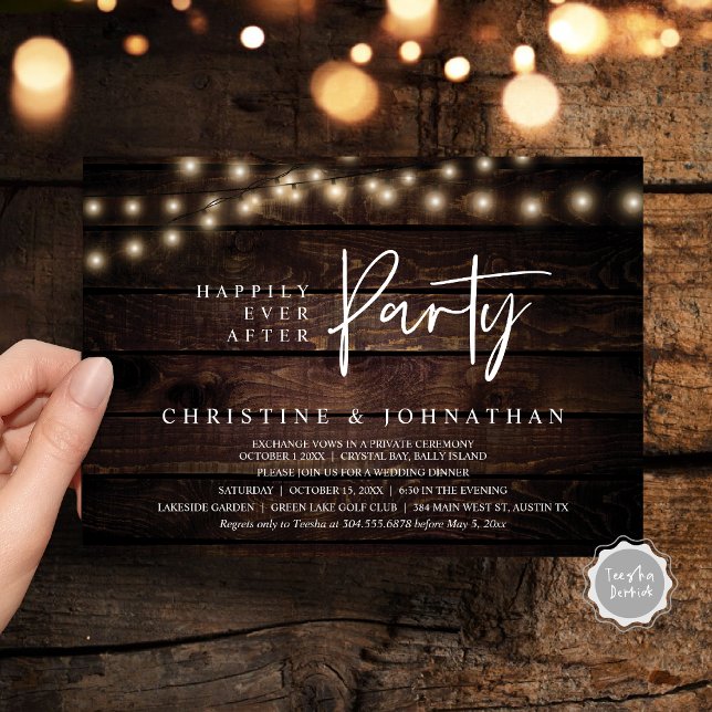 Glücklicherweise immer nach dem Party, String Ligh Einladung (Happily Ever After party, String Lights Brown dark wood, Wedding Elopement Invitation Cards)