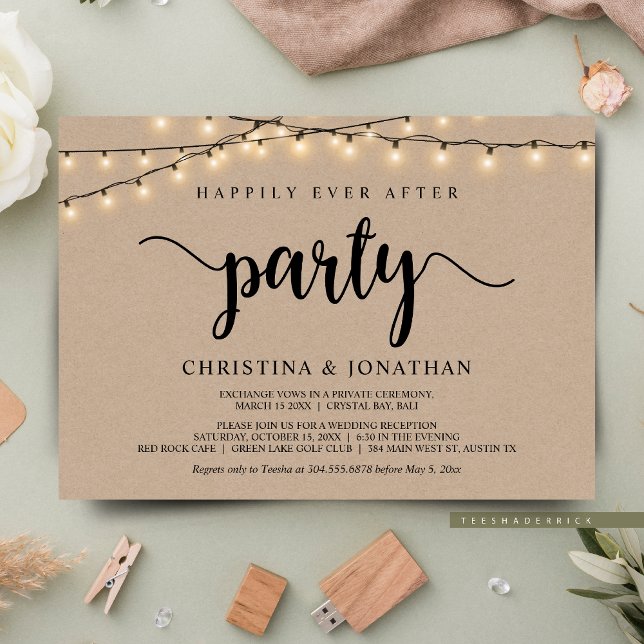 Glücklicherweise immer nach dem Party, String Ligh Einladung (Happily Ever After Elopement Party, Cottage String Lights Brown Kraft, Post Wedding Invites Cards.)