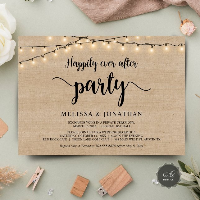Glücklicherweise immer nach dem Party, String Ligh Einladung (Happily Ever After party, Wedding Elopement Dinner Invites, String Lights Rustic Wood, downloadable)