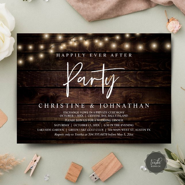 Glücklicherweise immer nach dem Party, String Ligh Einladung (Happily Ever After party, String Lights Brown Dark Wood, Wedding Elopement Invitation Cards)